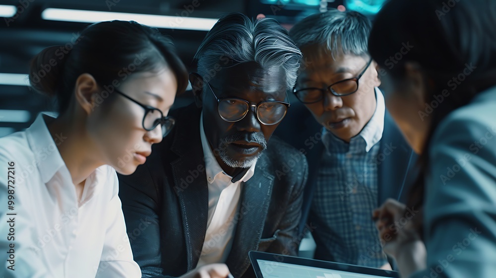 Poster a diverse team collaborates around a tablet, focusing intently on their task in a modern, tech-focus