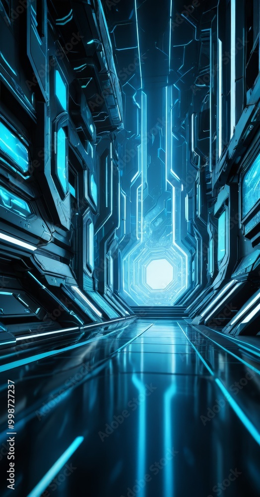 Leinwandbilder a futuristic corridor with a long, reflective floor and a series of glowing blue and white lines that create a sense of depth and movement The corridor