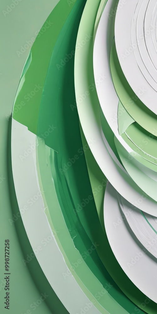 Poster a close-up view series of overlapping circles in various shades of green and white, creating a visua