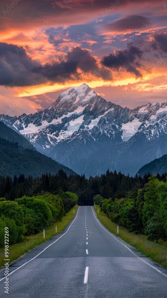 Poster a mountain range is in the background of a road with a sunset in the sky