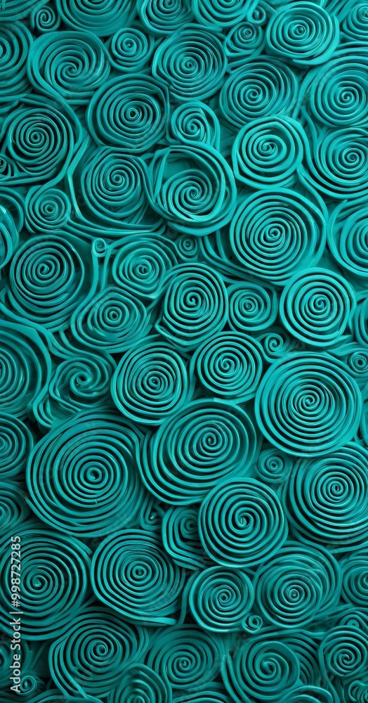 Poster a repeating pattern of turquoise-colored spiral shapes, creating a visually striking and abstract design