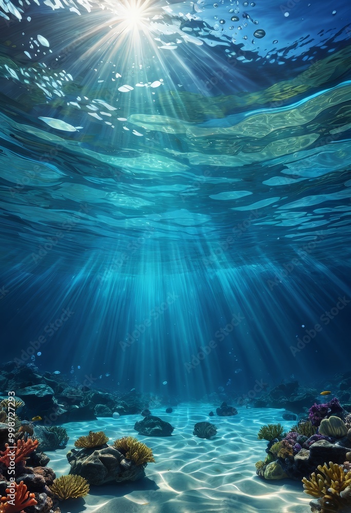 Poster a vibrant underwater scene with sunlight filtering through the water, illuminating a coral reef with