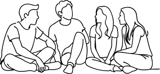 Friends rest and communicate, Group of young people sitting on ground together and talking continuous single line drawing 