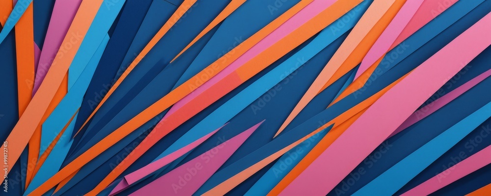 Poster a vibrant abstract composition of intersecting diagonal lines in various shades of blue, pink, and orange, creating a dynamic and visually striking pattern