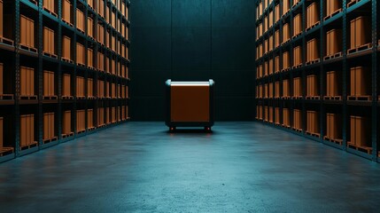 Fully automated warehouse with no human workers, shelves filled with products, futuristic storage, AI-driven logistics