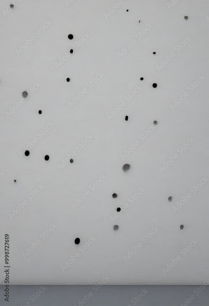 Poster a white wall with numerous black holes scattered across it, creating a sense of randomness and chaos