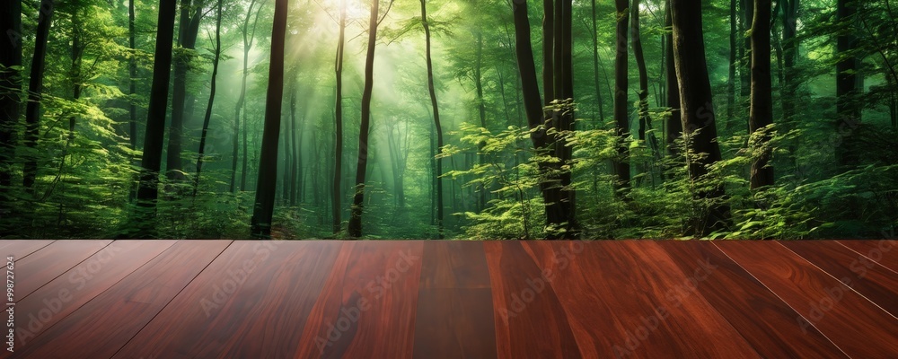 Poster A wooden platform overlooks a dense, lush forest with sunlight filtering through the trees, creating a serene and tranquil atmosphere