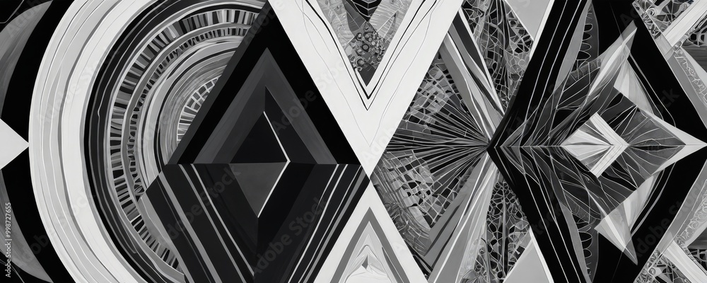 Poster a black and white abstract composition featuring a complex pattern of intersecting lines, triangles,
