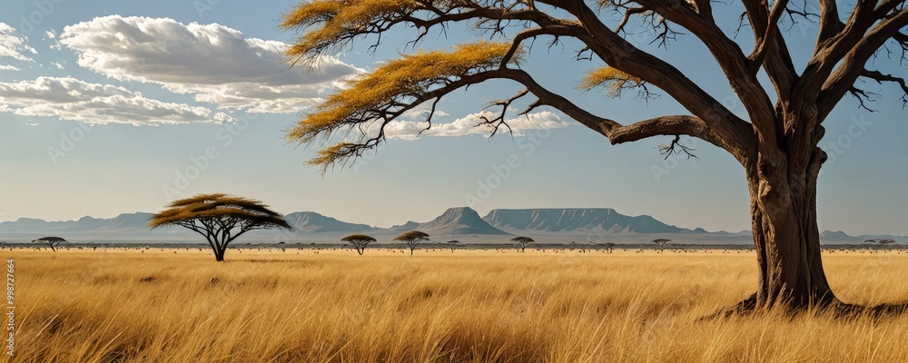Aufkleber a lone tree stands in a vast golden field, its twisted branches reaching towards the sky, with a dis