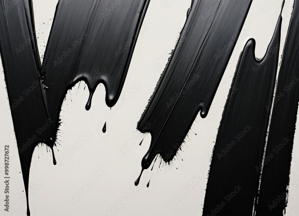 Poster a close-up view of black paint dripping and splattering against a white background, creating an abstract and dynamic visual effect