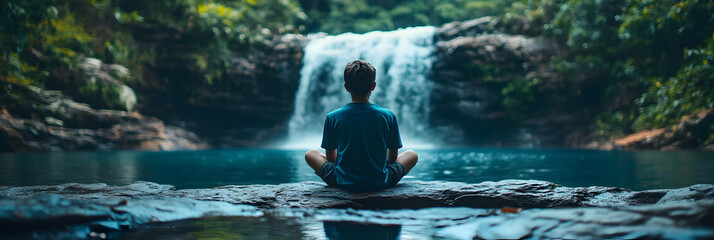 Fototapeta premium A Man Meditates on a Rock, Facing a Cascading Waterfall in a Lush Forest