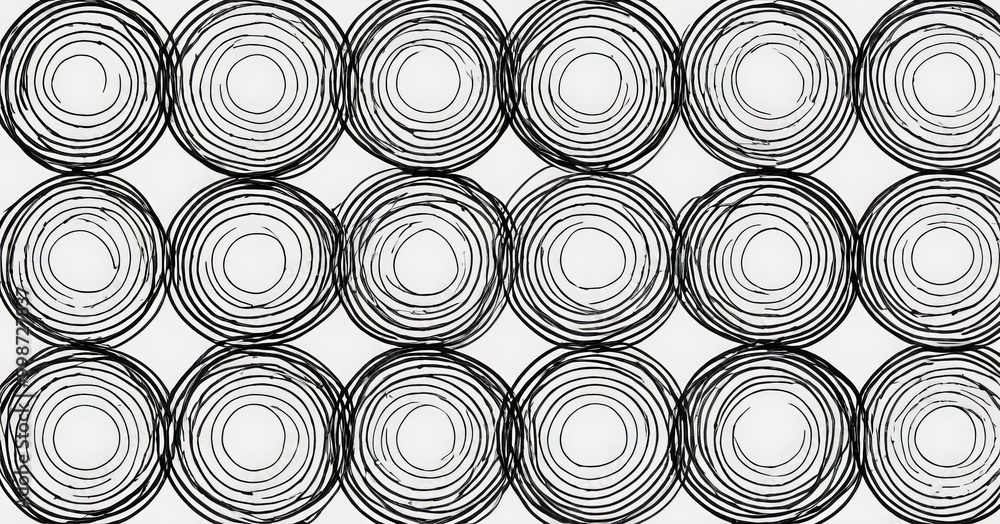 Poster A repeating pattern of black and white concentric circles, each with a unique radial line design, creating a visually striking and abstract composition.