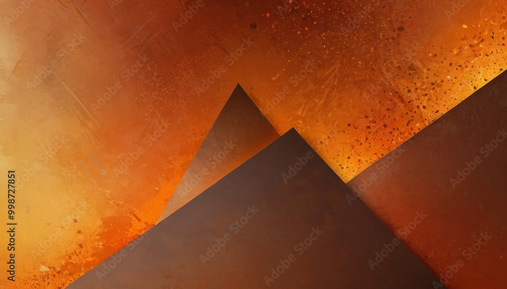 Poster abstract composition featuring overlapping triangular shapes in shades of orange and brown, with a f