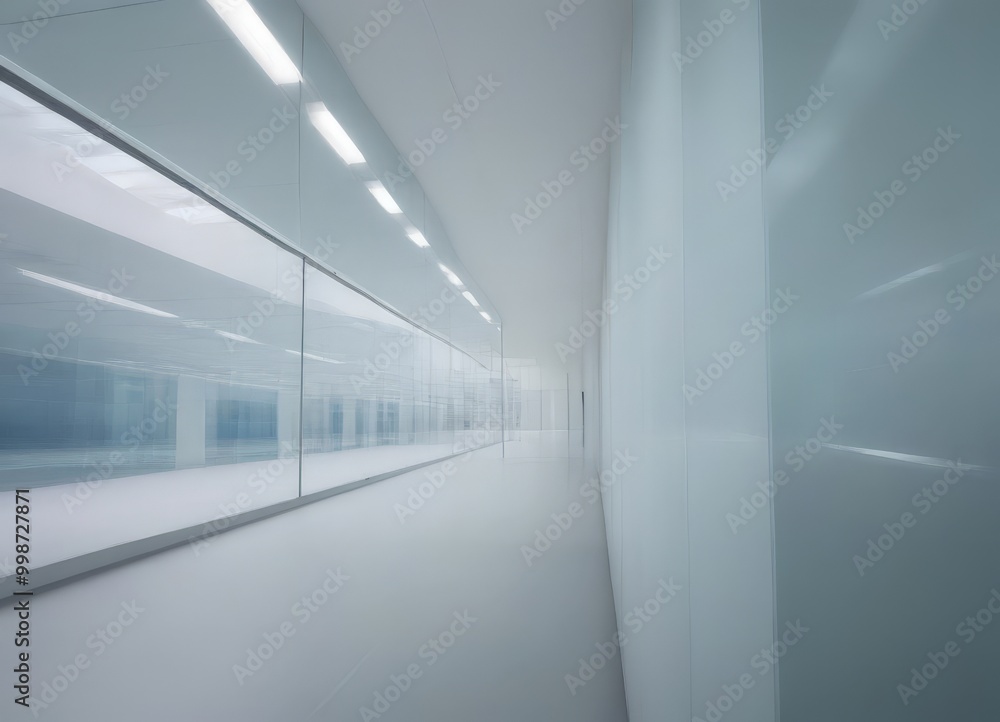 Poster a long, white corridor with a glass wall on one side, creating a sense of depth and perspective
