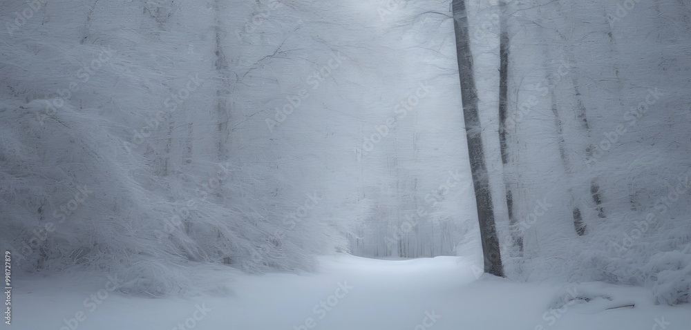Poster A snowy forest path winds through the trees, creating a serene and tranquil atmosphere