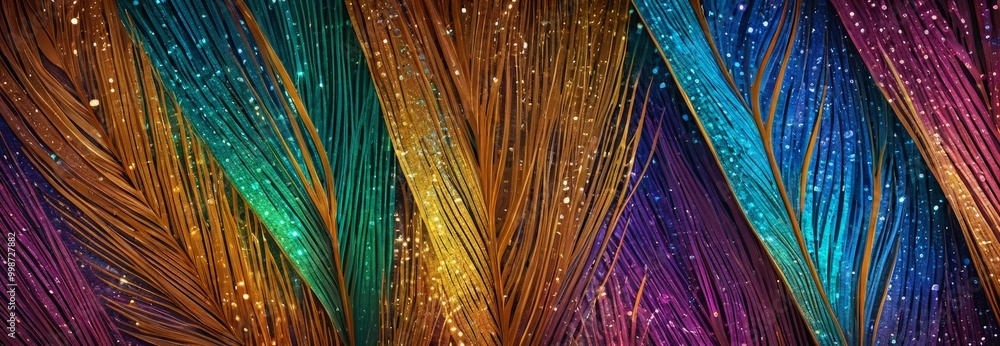 Poster a close-up view vibrant feather, showcasing its intricate and colorful structure the feather is ador