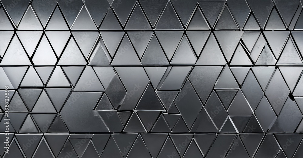 Aufkleber a close-up view metallic surface composed of numerous triangular tiles arranged in a repeating pattern The tiles are silver in color and exhibit a reflective,