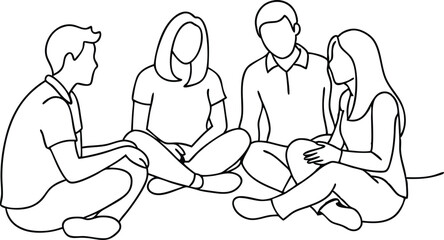 Friends rest and communicate, Group of young people sitting on ground together and talking continuous single line drawing 