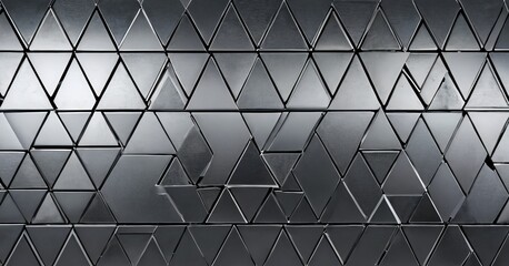 a close-up view metallic surface composed of numerous triangular tiles arranged in a repeating pattern The tiles are silver in color and exhibit a reflective,