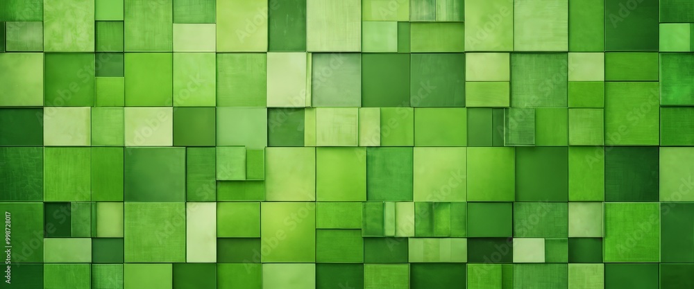 Fototapete a grid of square tiles in various shades of green, arranged in a pattern that creates a visually striking and textured effect