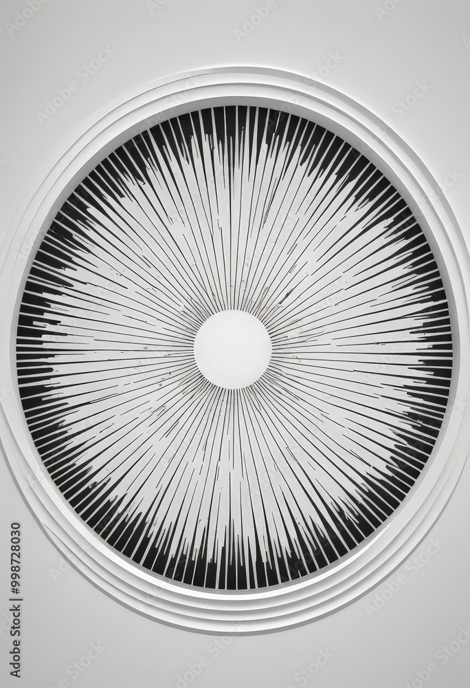 Poster a circular design with a radial pattern of black and white lines radiating outwards from a central point, resembling a sunburst or a radial pattern.