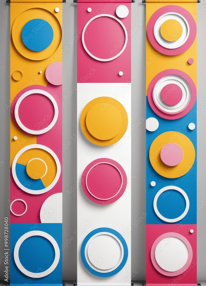 Aufkleber a vertical arrangement of three panels, each adorned with a variety of circles in different colors a