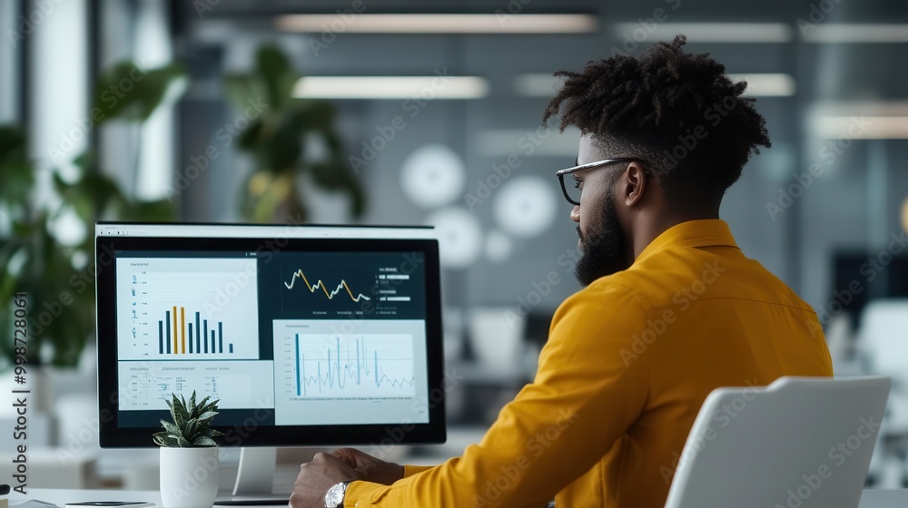 Poster a man analyzes data on a computer, showcasing modern office productivity and analytics in a bright w