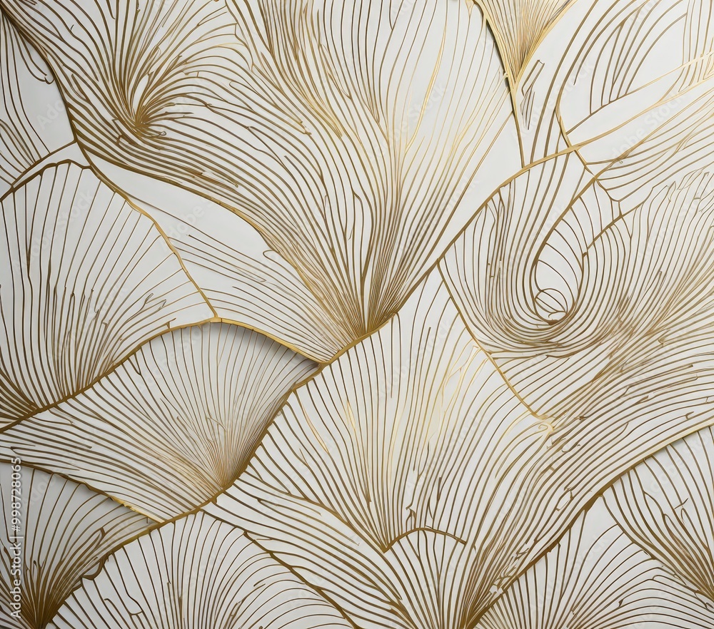 Aufkleber a close-up view gold-colored metal artwork with a repeating pattern of thin, curving lines that resemble the petals flower or the leaves tree
