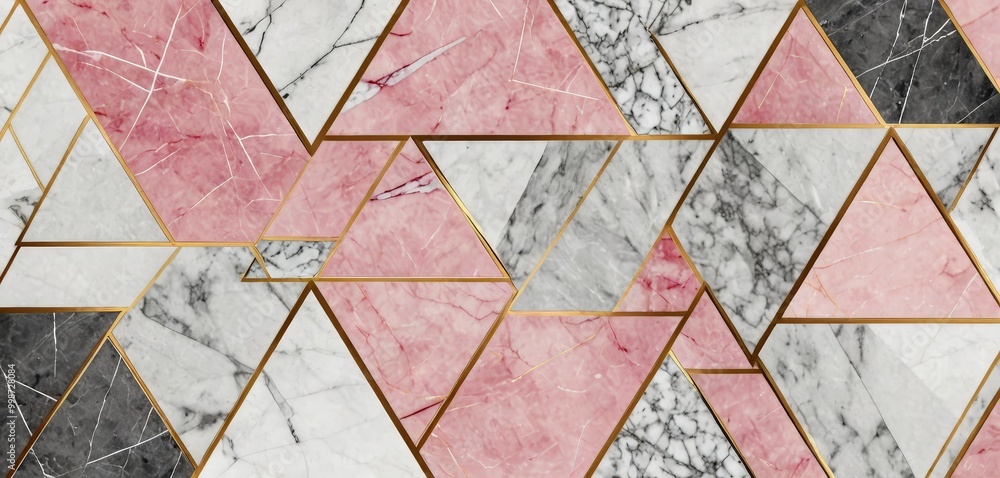 Aufkleber a geometric pattern composed of overlapping triangular tiles in various shades of pink, white, and black, with gold lines running through the center of each tile.