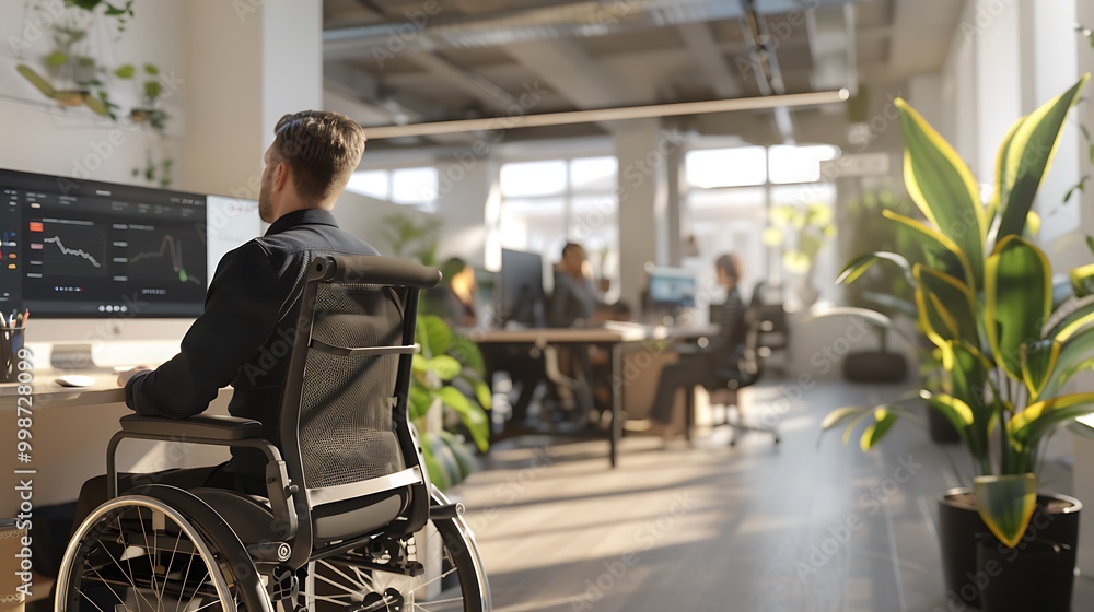 Poster a person in a wheelchair works at a desk in a modern office with greenery, emphasizing accessibility