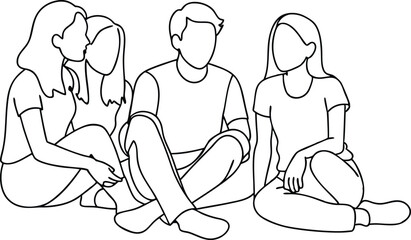 Friends rest and communicate, Group of young people sitting on ground together and talking continuous single line drawing 