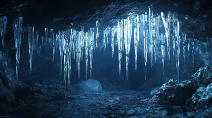 Ice Stalactites Hanging in a Dark Cave Background