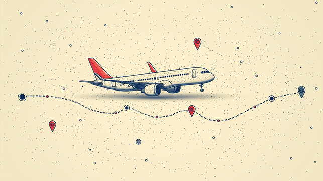 Airline Travel Journey: A minimalist illustration of an airplane in flight, leaving a trail of dotted line and pinpoints, representing travel and journey. It is a graphic.