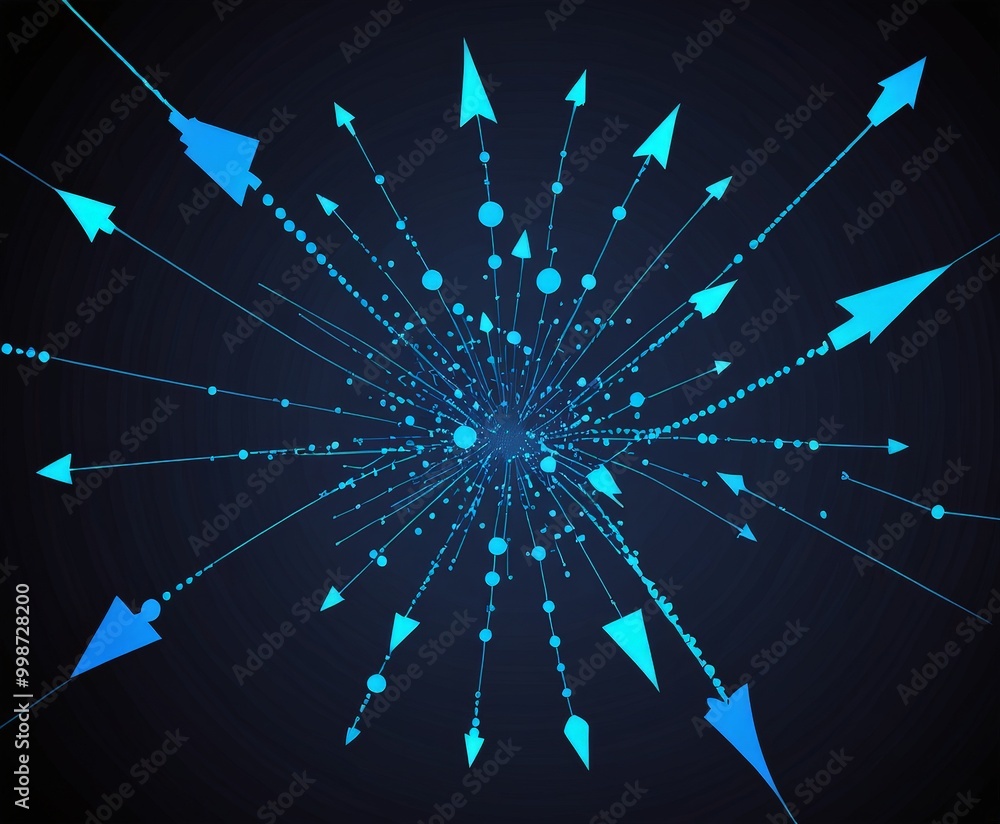 Poster a digital illustration starburst pattern composed of blue arrows and dots against a dark background