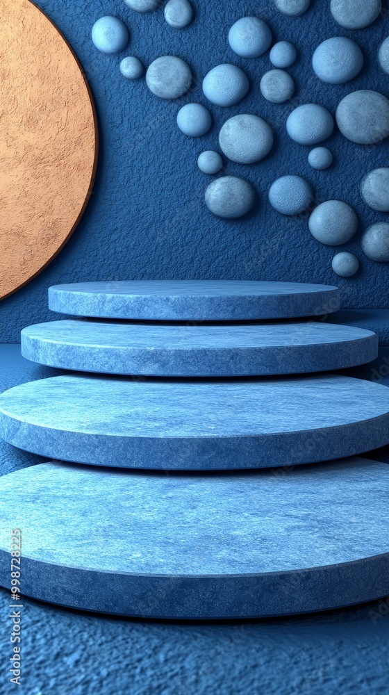 Poster a serene blue background featuring circular steps and textured wall elements, creating a modern and 