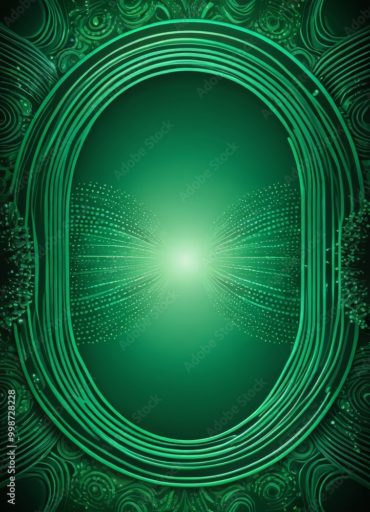 Poster a vibrant, abstract design with a green gradient background, a central light source, and a symmetrical pattern of green lines and dots