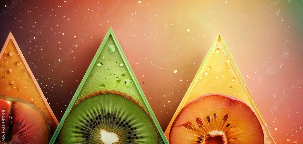 Poster a vibrant arrangement of sliced fruits, including kiwi, peach, and pomegranate, set against a gradie