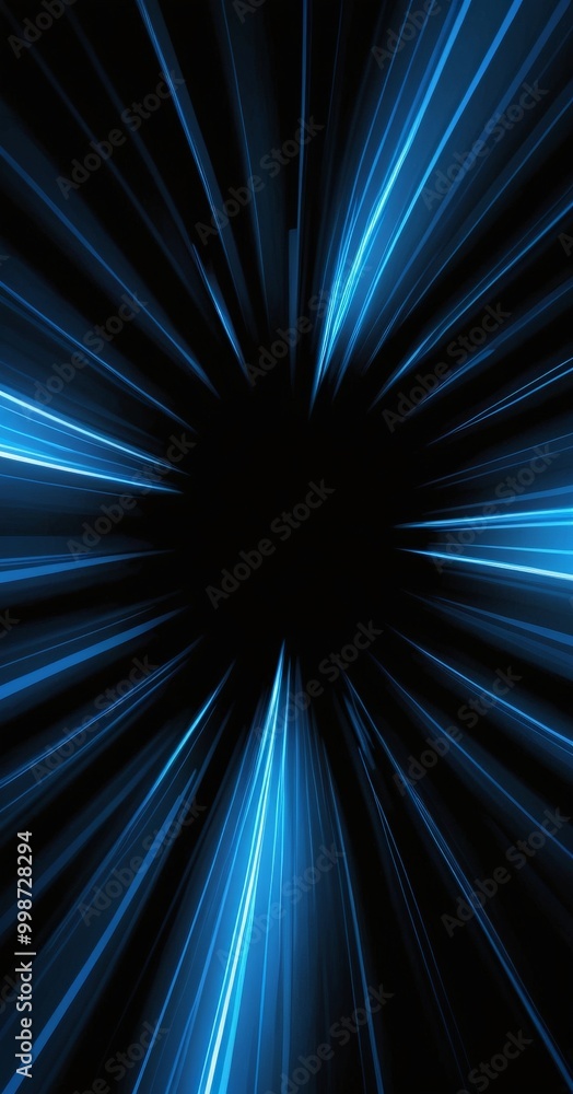 Poster a striking abstract composition of blue and black lines radiating outwards from a central point, creating a sense of depth and movement