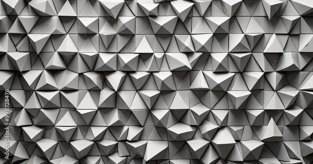 Poster A monochromatic geometric pattern composed of numerous triangular shapes, arranged in a repeating pattern to create a visually striking and textured effect