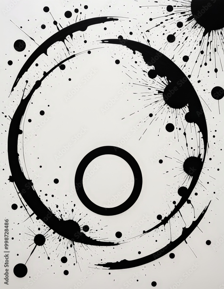 Poster a black and white abstract composition with a central circle and radiating lines and splatters surro