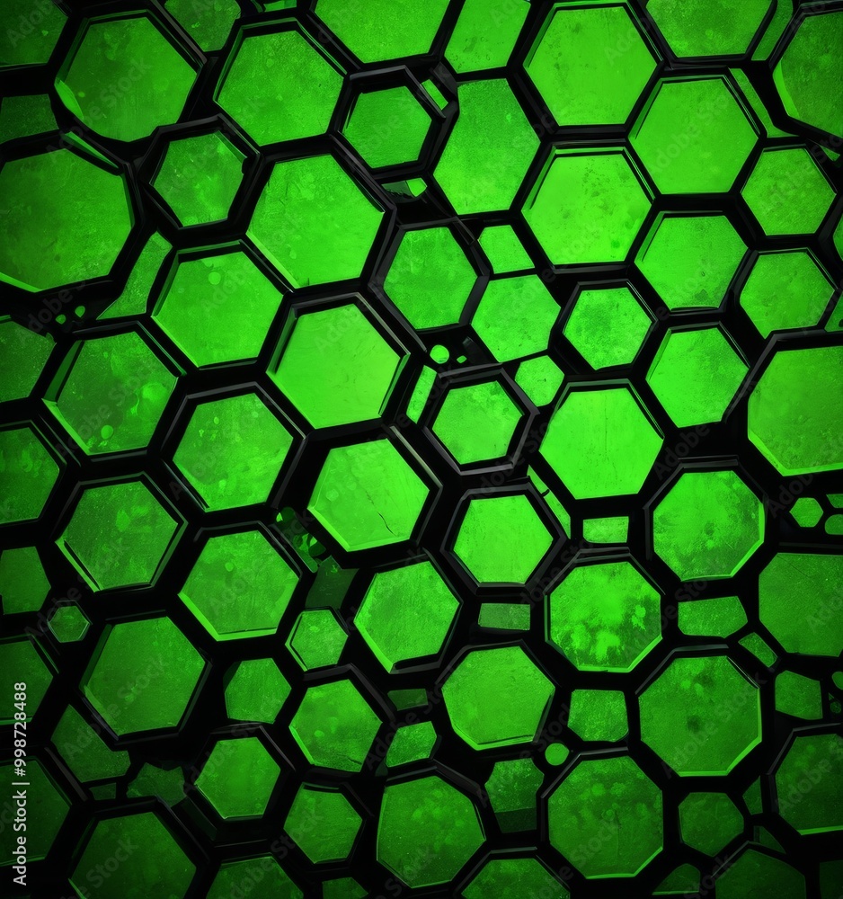 Poster a close-up view pattern of hexagonal shapes in various shades of green, with some black outlines The pattern appears to be a repeating design, possibly a wallpaper or