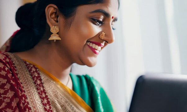 Focused Bangladeshi Woman Working on Laptop
