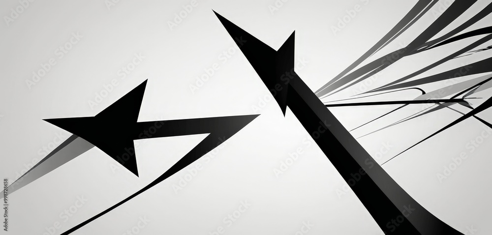 Aufkleber a striking black and white abstract composition, with a large, sharp-edged arrow pointing to the right and a smaller, triangular arrow pointing left The arrows are set against