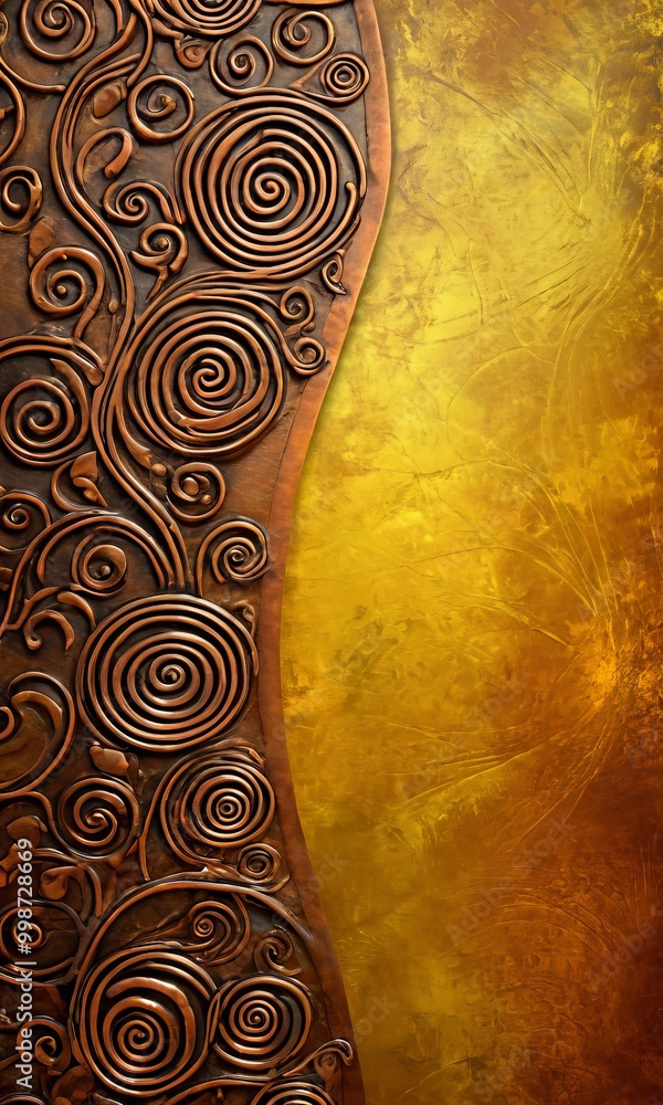 Poster a close-up view decorative metal surface with a repeating pattern of spirals in shades of brown and gold The left side of adorned with a darker brown