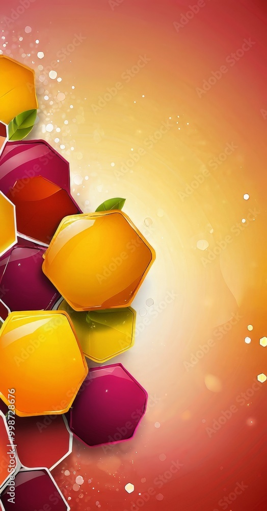 Poster a vibrant abstract composition of hexagonal shapes in various colors, including yellow, red, and pur