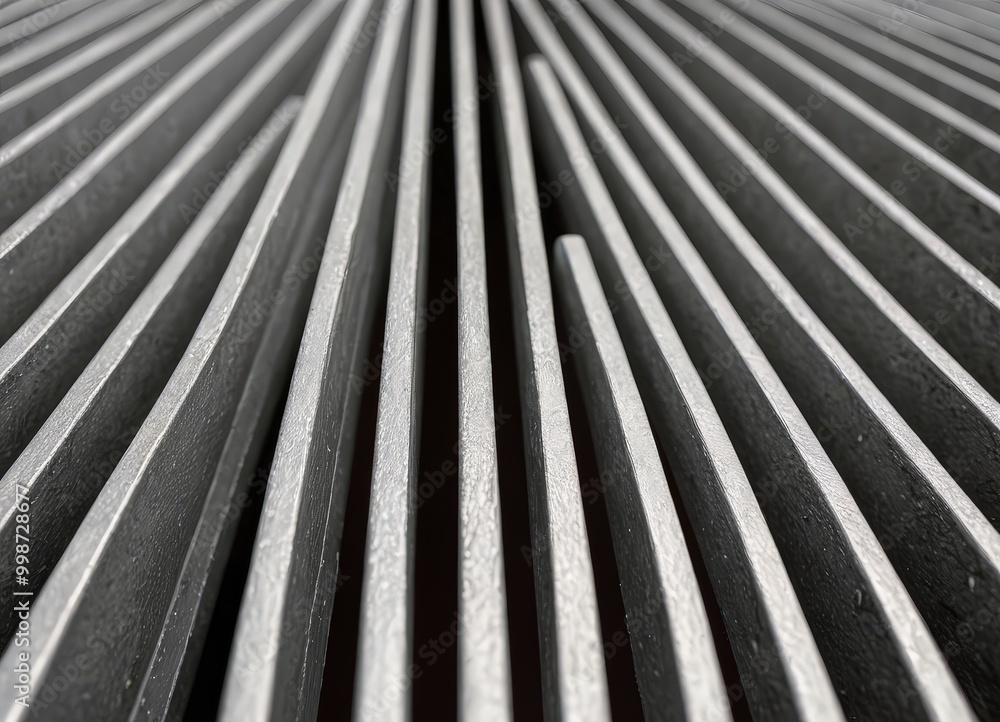 Poster A close-up view series of vertical metal slats arranged in a repeating pattern, creating a sense of depth and perspective