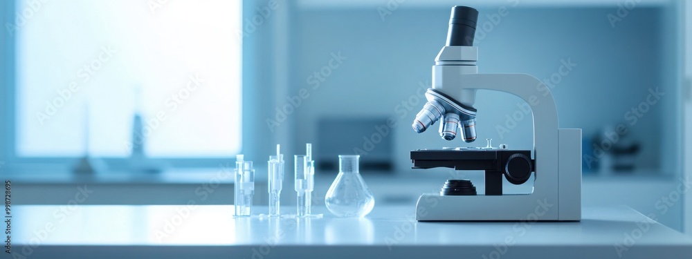 Poster modern minimalistic laboratory with close-up of a microscope, featuring a white and blue color schem