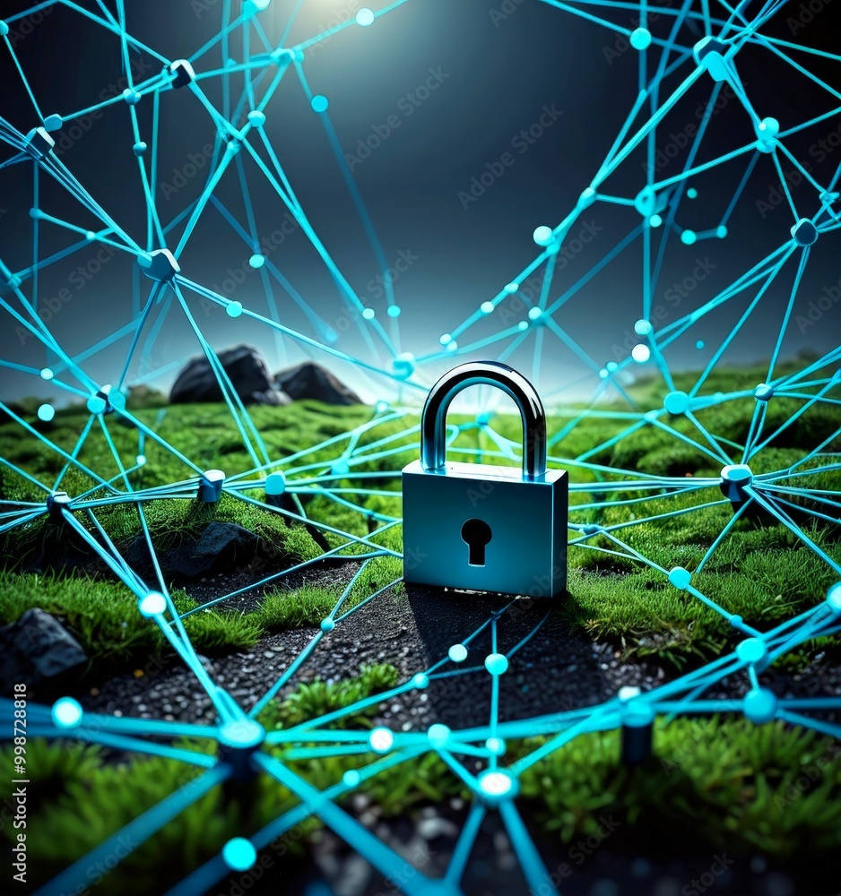 Poster A silver padlock with a keyhole sits in the center digital landscape, surrounded by a network of blue lines and dots, with a grassy field and rocks in the background