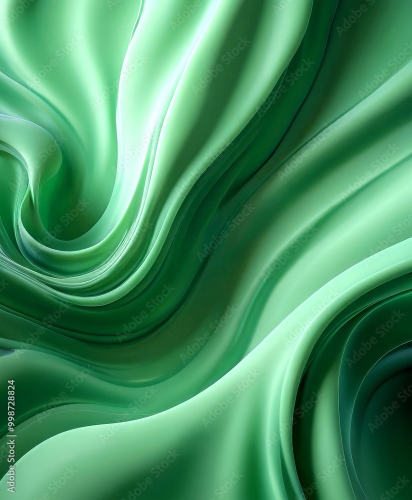 Poster a vibrant abstract pattern of green and white hues, with a sense of fluidity and movement. The pattern is composed of curved lines and swirls, creating a dynamic and
