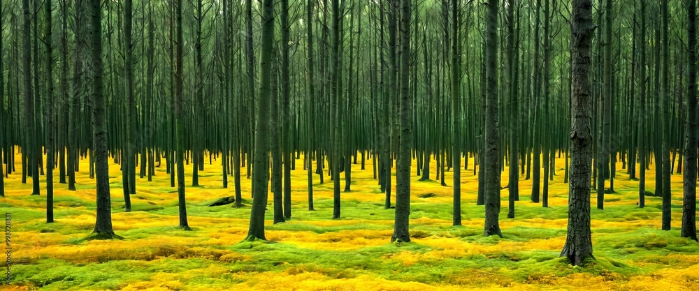 Aufkleber a dense forest of tall trees with green trunks and yellow moss-covered ground, creating a serene and